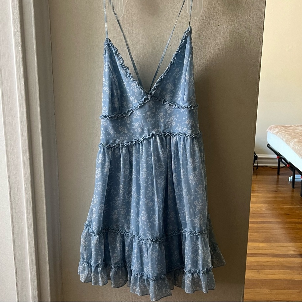 Blue skater dress with white flowers